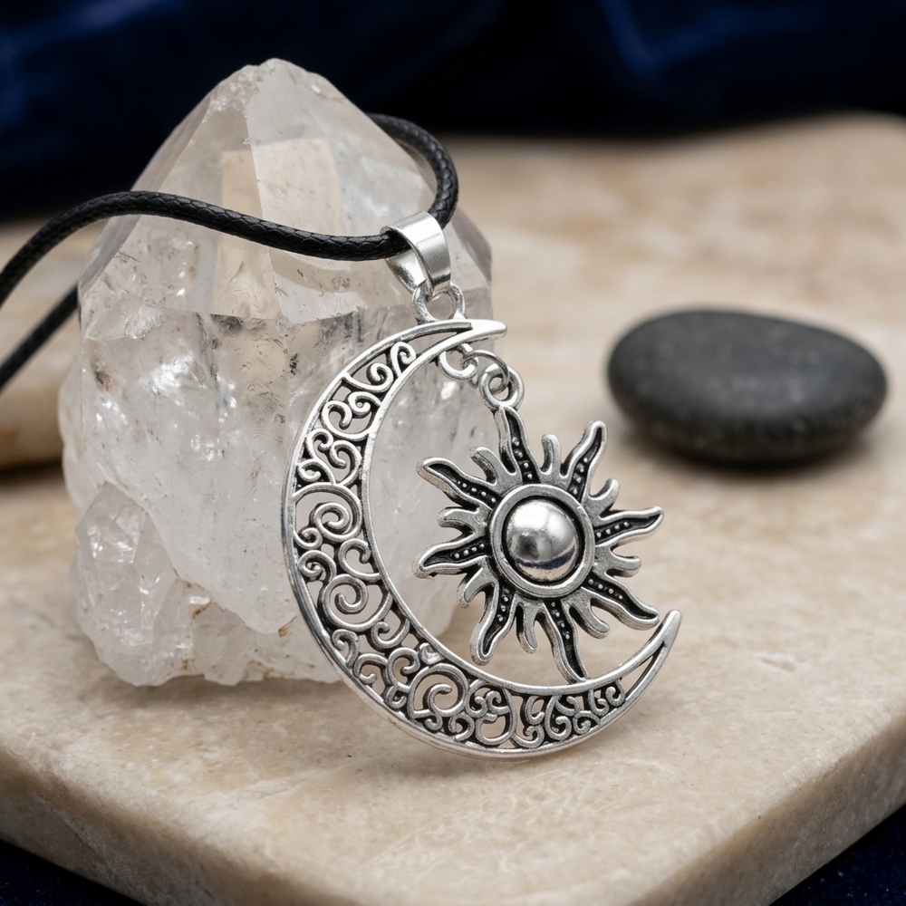 Boho Celestial Sun Moon Mixed Metal Silver Plated Adjustable Cord Necklace